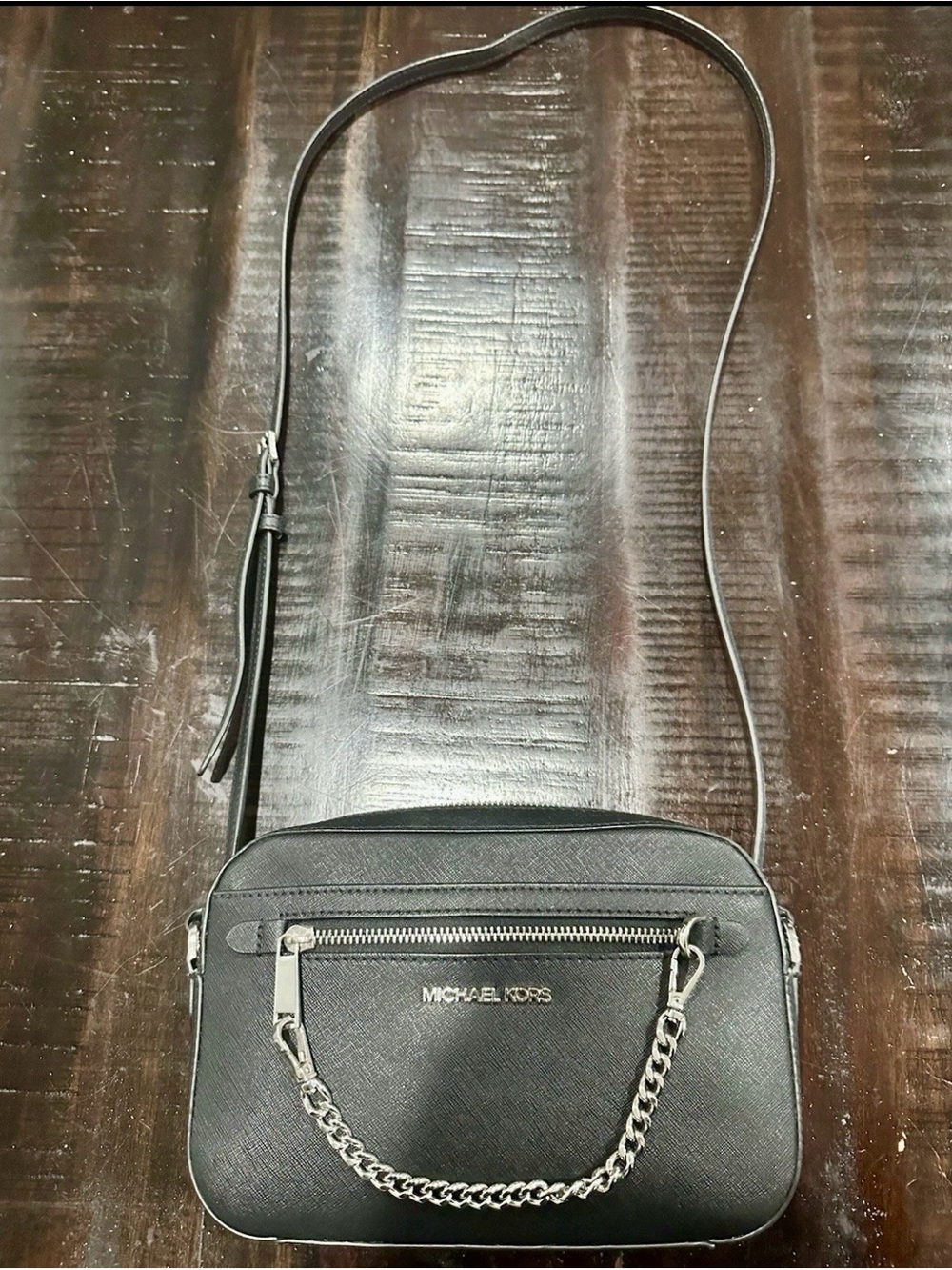 Michael Kors Jet Set Item Large East West Zip SilverChain MK Crossbody Bag Black